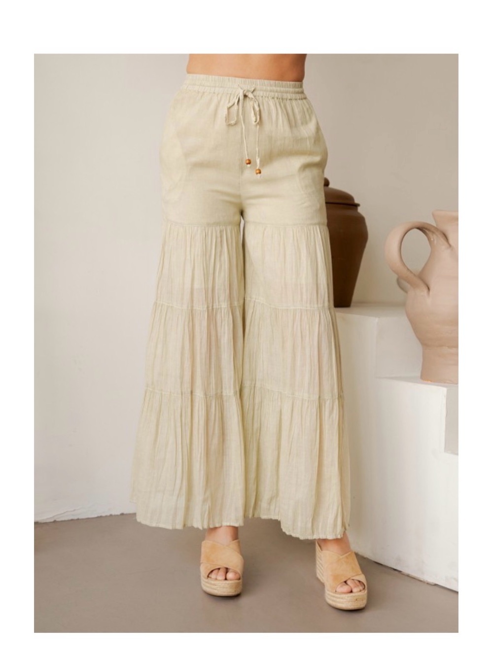 Young Threads Tiered Wide Leg Palazzo Pants S Moss Sage Linen Look Boho NWT